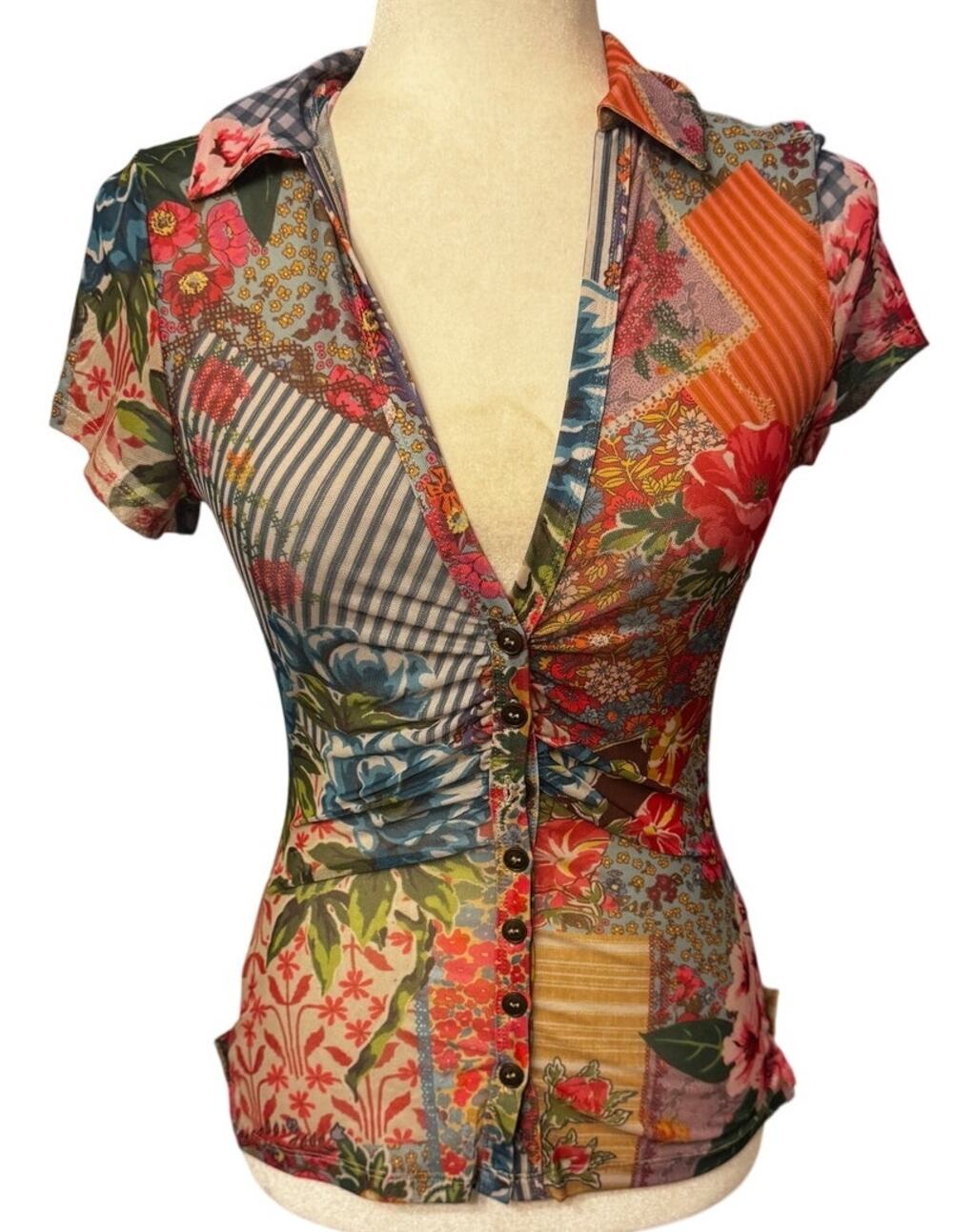 Natural Life Patchwork Floral Mesh Button-Up Top, Size S
